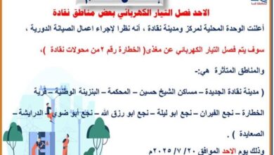 غداً الأحد.. فصل التيار الكهربائى عن 11 منطقة في مركز نقادة بقنا